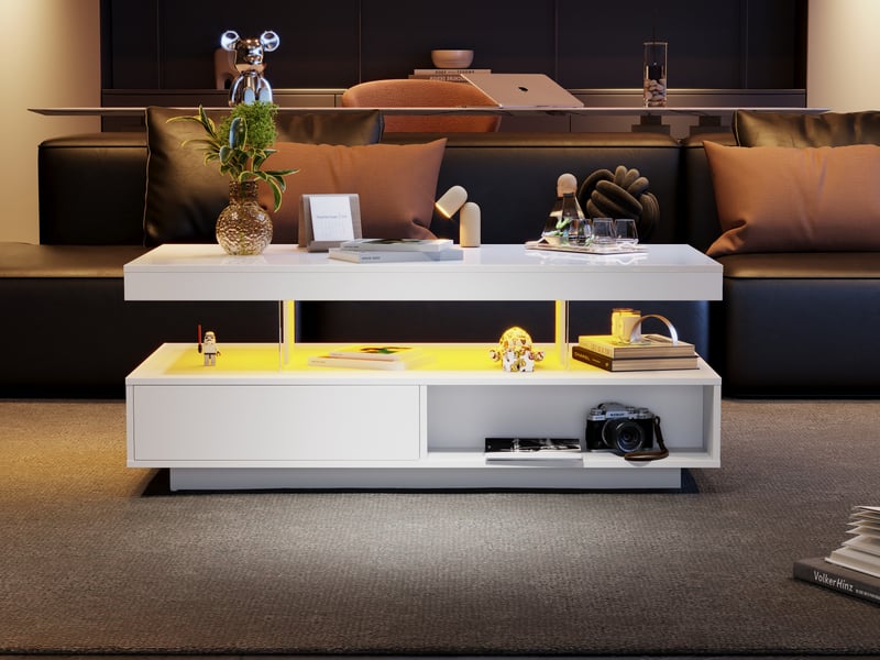  Table basse blanche laquée avec led bluetooth, 4 plateaux en verre et 2 tiroirs, 95x50x42,5 cm, bois, blanc  - Conforama E
