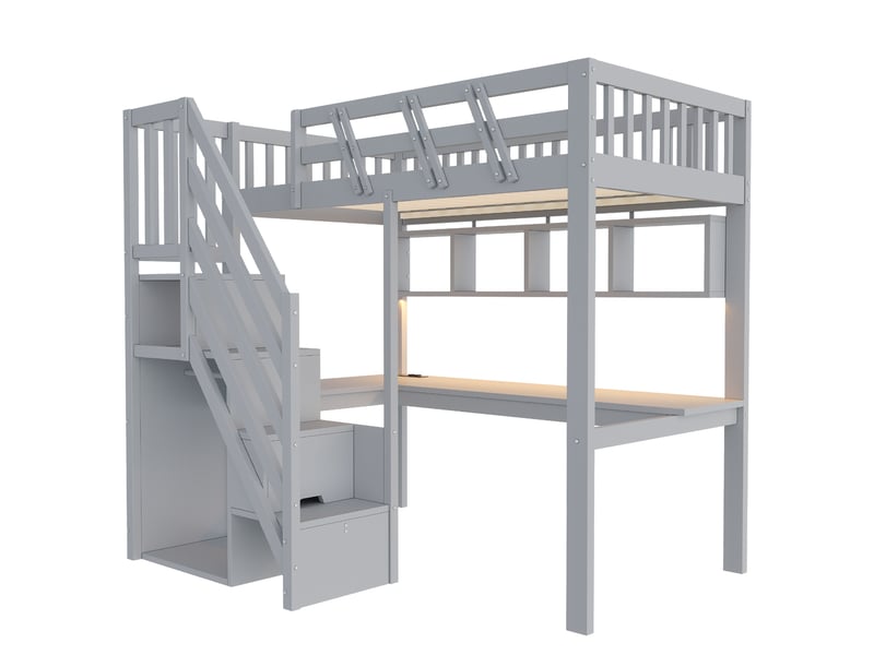  Lit mezzanine 90x200 avec bureau, lit enfant en bois massif gris avec escalier de rangement et led, 205x143,5x170 cm  - Conforama R