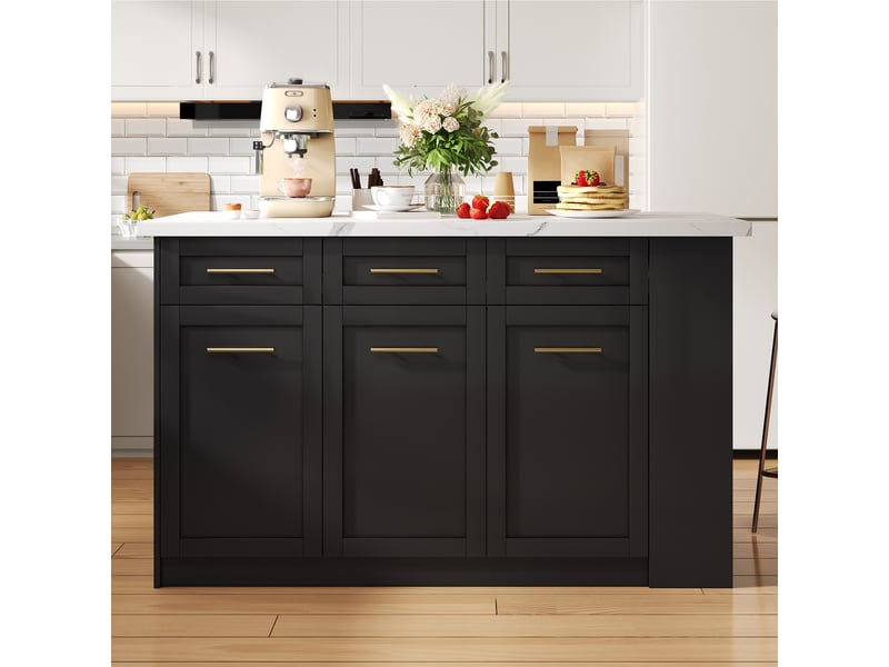  Îlot de cuisine avec table escamotable, îlot central noir et blanc en mdf, plateau effet marbre blanc, rangements intégrés, 150x90x90 cm  - Conforama R