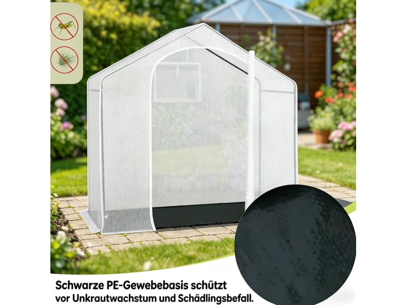 Serre de terrasse 200x80x200 cm – blanche – structure acier, porte enroulable zippée et sol pe noir - Conforama E
