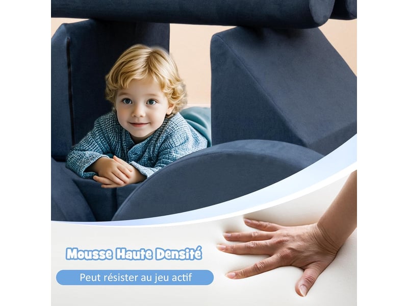 Canapé enfant convertible 13 pcs, blocs de construction en mousse, chauffeuse enfant 2 places transformable, possibilités de jeux infinies (bleu) - Conforama C