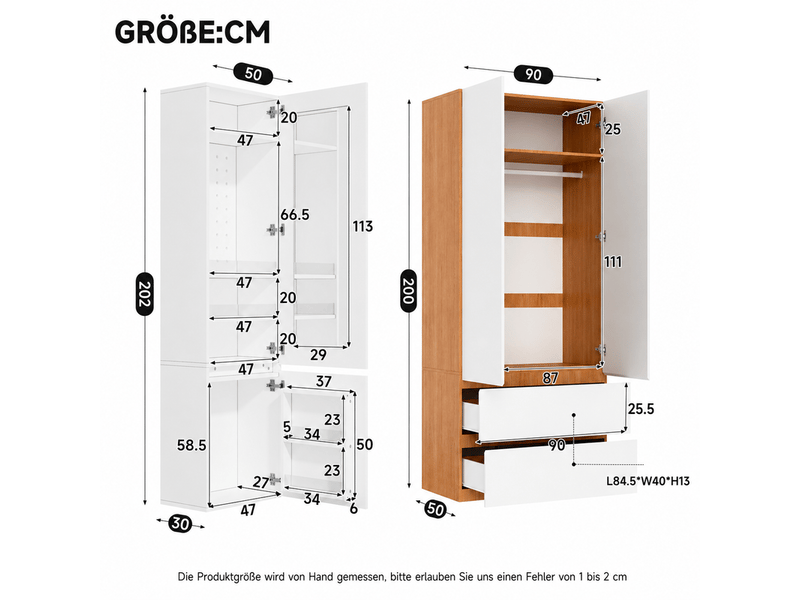  Ensemble d'armoire avec miroir et coiffeuse, 1 tringle et 2 tiroirs, 120 x 50 x 200 cm, blanc  - Conforama C