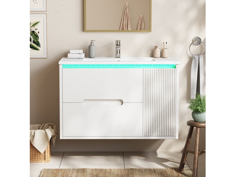  Meuble vasque salle de bain mural 81 cm – blanc – vasque céramique, led intégrée et rangements optimisés  - Conforama D