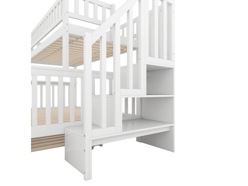  Lit enfant 90140x200cm,lit superposé,lit gigogne en pin avec escalier avec rangement et garde-corps,blanc lit enfant blanc - Conforama E