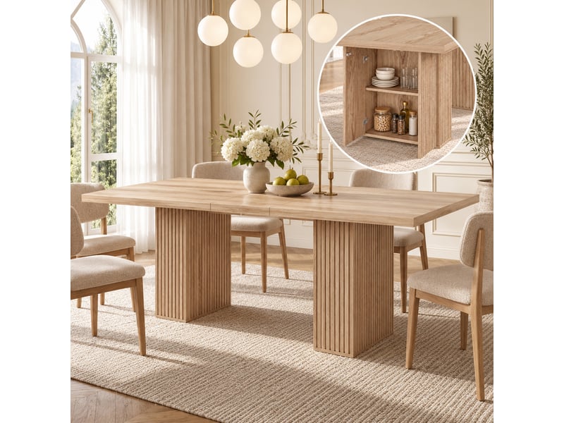  Table à manger extensible 150-190x90x75cm pour 6 à 8 personnes, avec rangement et plateau épais, style scandinave, effet chêne  - Conforama B