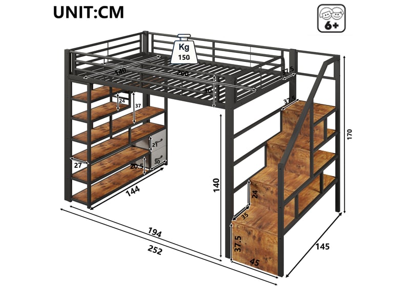  Lit mezzanine 140 × 200 cm avec escalier à rangements, 2 tiroirs en tissu, garde-corps et éclairage led pour chambre  - Conforama C