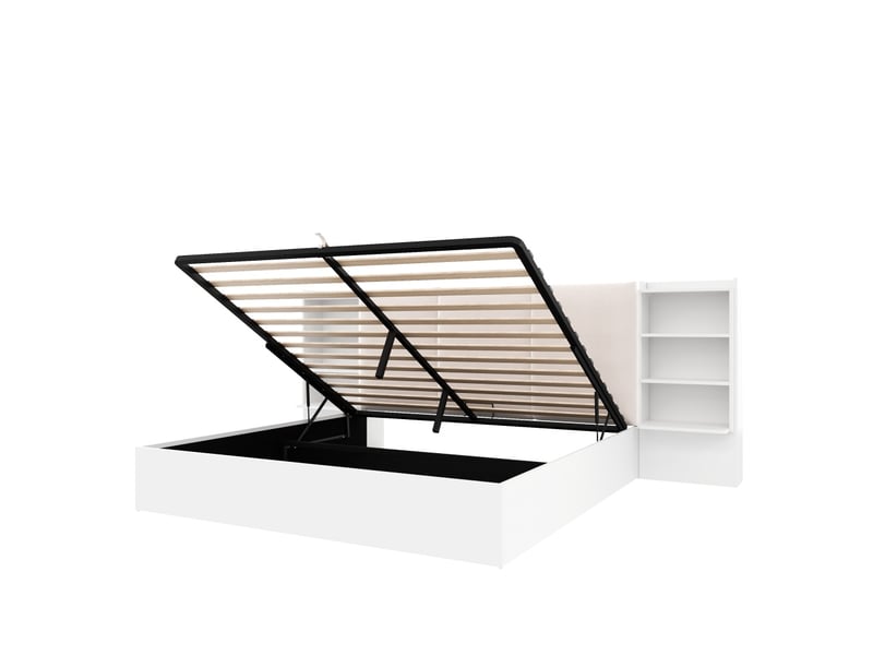  Cadre de lit plateforme (180 x 200 cm) avec tête de lit rembourrée, 6 compartiments de rangement, système de rangement hydraulique et bande lumineuse led, blanc  - Conforama D