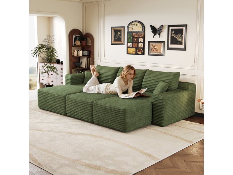  Canapé d'angle modulaire 3 places avec 2 poufs 241 x 151 x 58 cm, assise profonde, design nuage, livré monté, velours côtelé, vert Bliss Lite - Conforama B