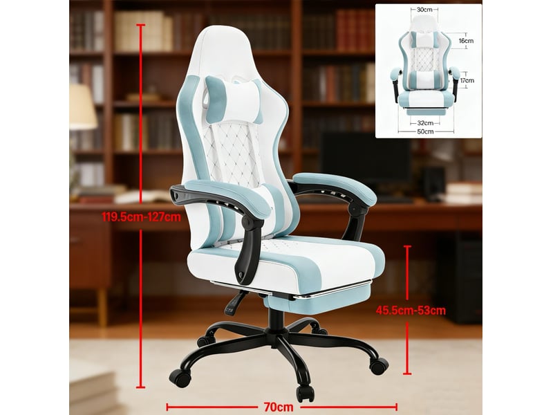  Chaise de bureau gaming ergonomique bleu et blanc avec massage usb, repose-pieds et dossier inclinable 90° à 145°  - Conforama C
