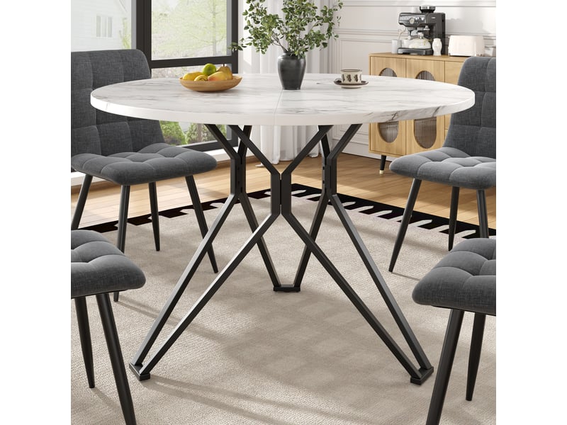  Table de salle à manger ronde 4 personnes en mdf effet marbre avec piètement métal 100×100×76 cm noir  - Conforama B
