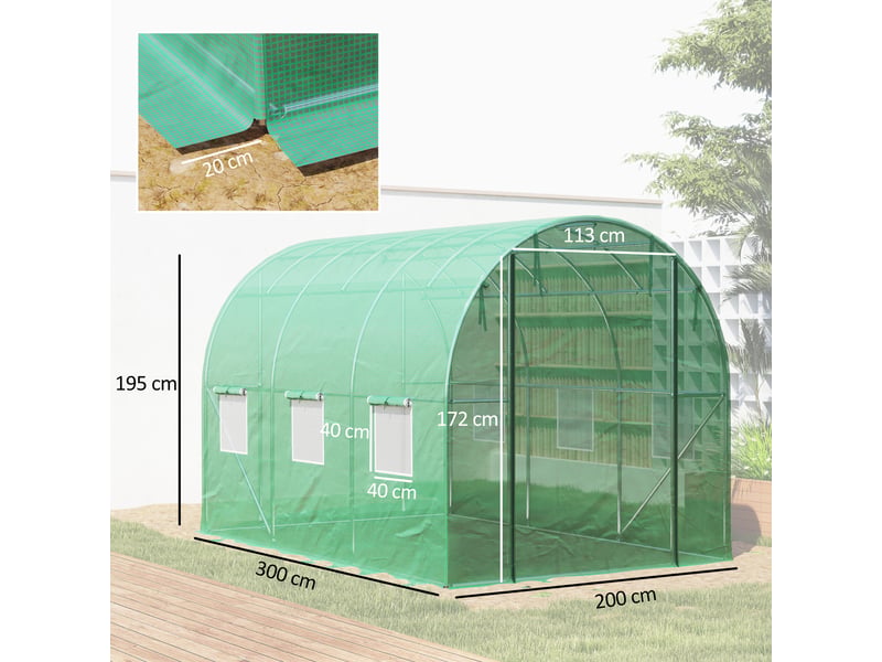  Serre tunnel de jardin 3 x 2 x 2 m avec porte enroulable et grandes fenêtres,en acier galvanisé et pe,vert  - Conforama E