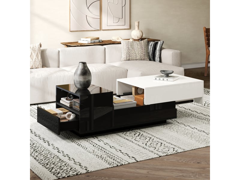Table basse noir et blanc 100x50cm, table de salon avec tiroir et plateau coulissant, design géométrique finition brillante - Conforama B