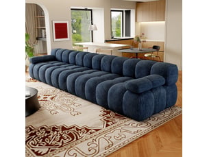 Canapé droit fixe 4 places en tissu bleu 400 cm, rembourrage en mousse et confort pour grand salon familial