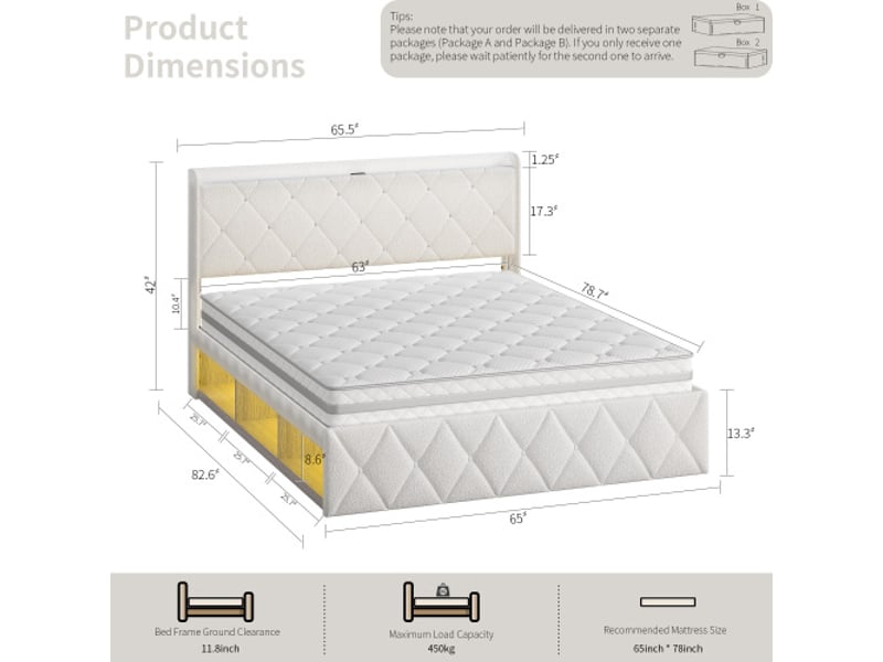  Lit capitonné 160x200 cm - peluche blanche - usb intégré - led latérales - 6 tiroirs  - Conforama C