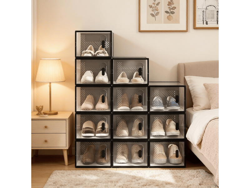  Meuble de rangement modulaire, avec 12 niches et boîtes à chaussures empilables, transparentes, pour chambre, 25×18.5×35.5 cm  - Conforama D