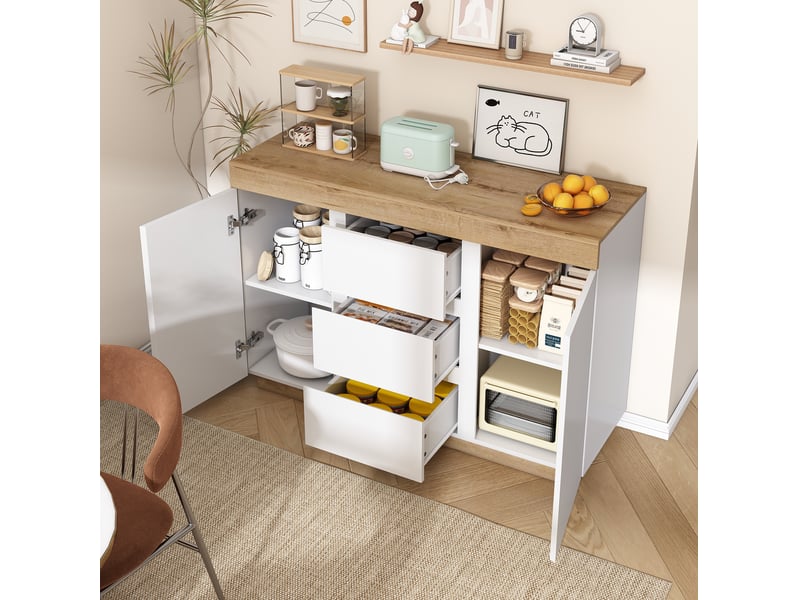  Commode avec 3 tiroirs et 2 portes, style classique, pour chambre et salon, panneau de particules blanc chêne  - Conforama C