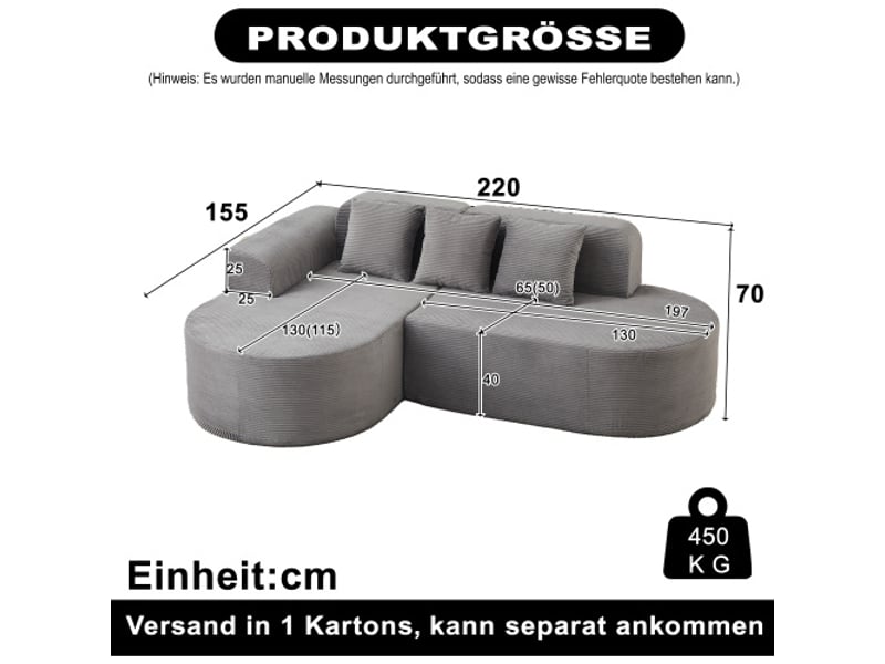  Canapé modulable en l 220 cm velours côtelé, dossiers et accoudoirs incurvés, 3 coussins – séjoursalle de jeux  - Conforama C