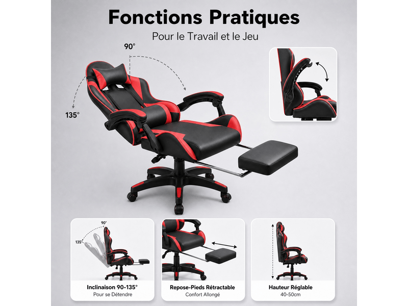  Fauteuil gaming avec assise réglable en hauteur - noir et rouge IZTOSS - Conforama C