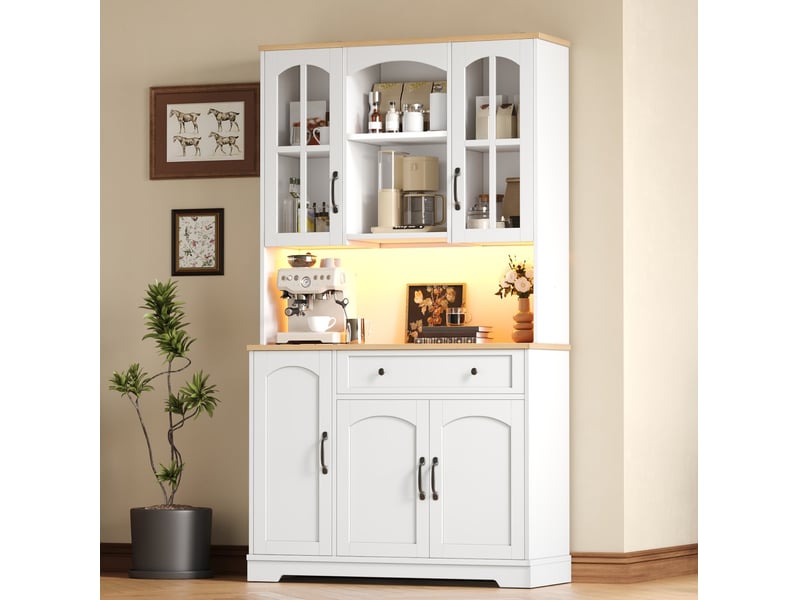  Buffet de cuisine haut led avec portes vitrées, tiroir et étagères réglables, pour cuisine, blanc, 100 × 38 × 178 cm  - Conforama B
