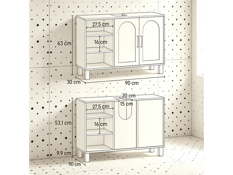  Meuble sous vasque de salle de bain avec étagères ouvertes et portes doubles, meuble lavabo moderne  - Conforama C