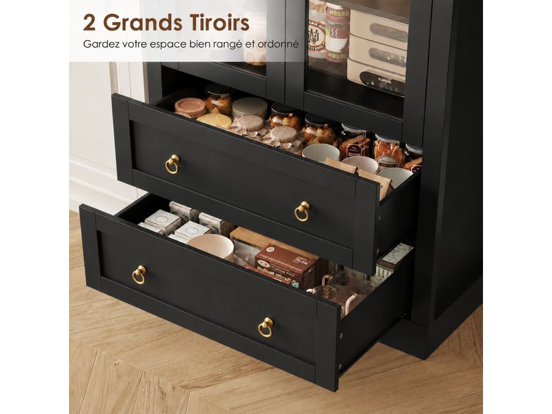  Meuble de cuisine muvano, buffet haut avec portes vitrées, arche noire et 2 tiroirs, 80 × 36 × 170 cm  - Conforama R