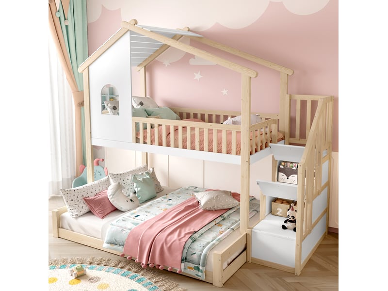  Lit superposé enfant 90x200 cm et 140x200 cm avec escalier de rangement naturel et blanc  - Conforama D
