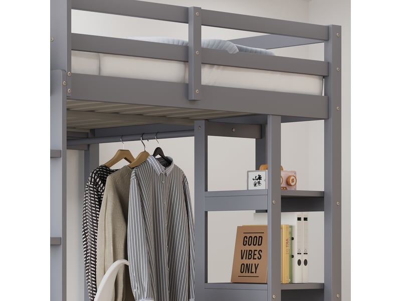  Lit mezzanine 140x200 cm avec bureau et étagère, lit enfant avec étagère de rangement, gris, lit double en bois massif  - Conforama E