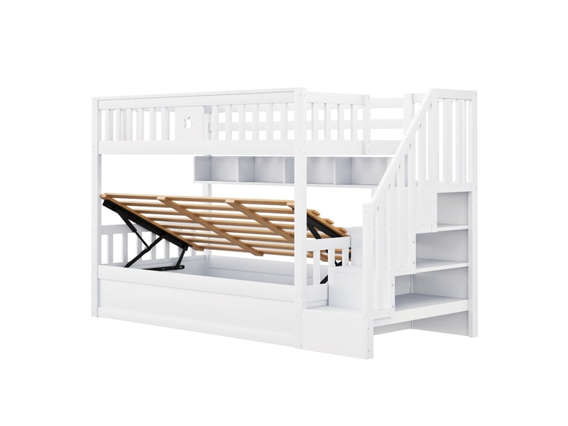  Lit mezzanine avec rangement hydraulique, bois blanc, 90x200 cm, escalier-rangement et étagères  - Conforama E