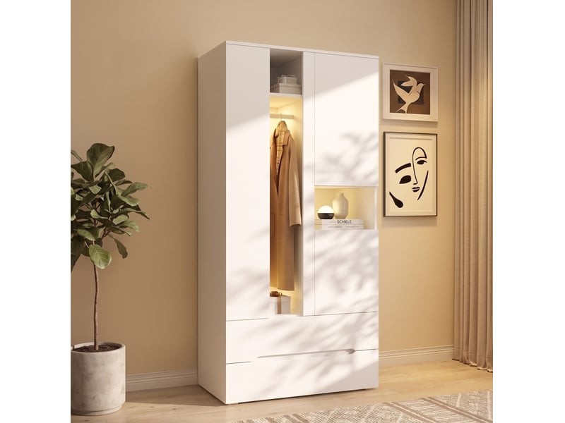  Armoire 3 portes avec led, 90 x 50 x 200 cm, penderie, 2 tiroirs, blanche  - Conforama B