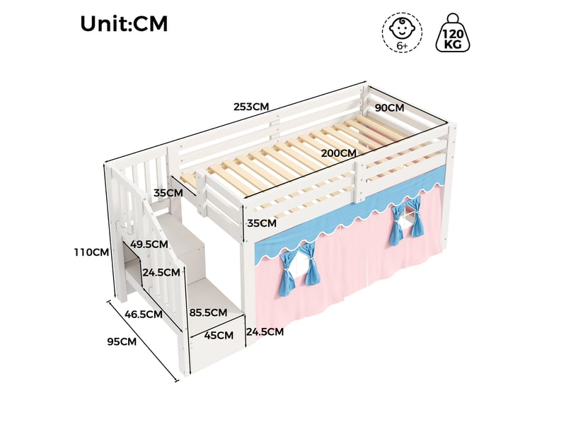 Lit enfant mi-haut 90 × 200 cm avec escalier-rangement, led réglable, rideaux occultants pour chambre, blanc - Conforama C