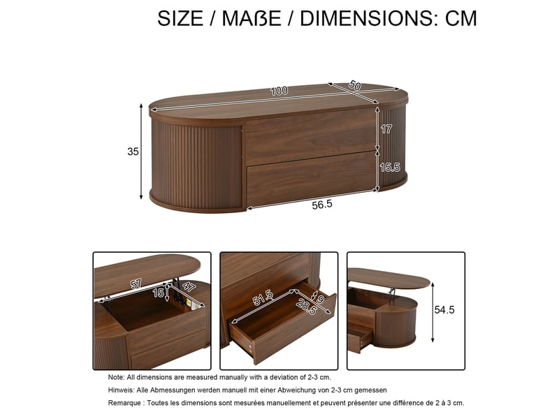  Table basse relevable ovale avec 1 tiroir et rangement caché, en mdf et panneaux de particules, coloris noyer  - Conforama C