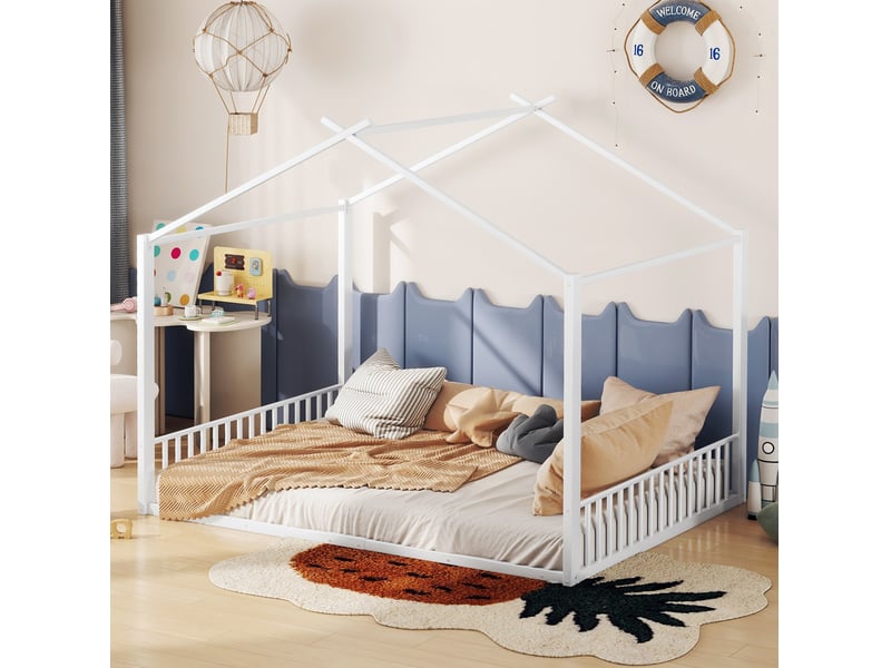  Lit enfant 140x200 cm en métal blanc, forme maison, avec sommier à lattes  - Conforama D