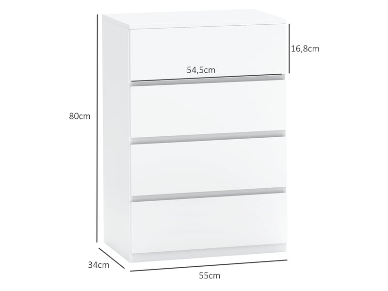  Commode blanche avec 4 tiroirs, dimensions 55 x 33 x 80 cm, en bois, idéale comme sideboard ou rangement  - Conforama C