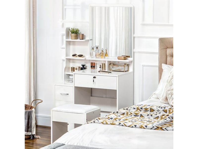  Ensemble de coiffeuse avec tabouret rembourré grand miroir + plusieurs étagères ouvertes + 4 tiroirs blanc  - Conforama D
