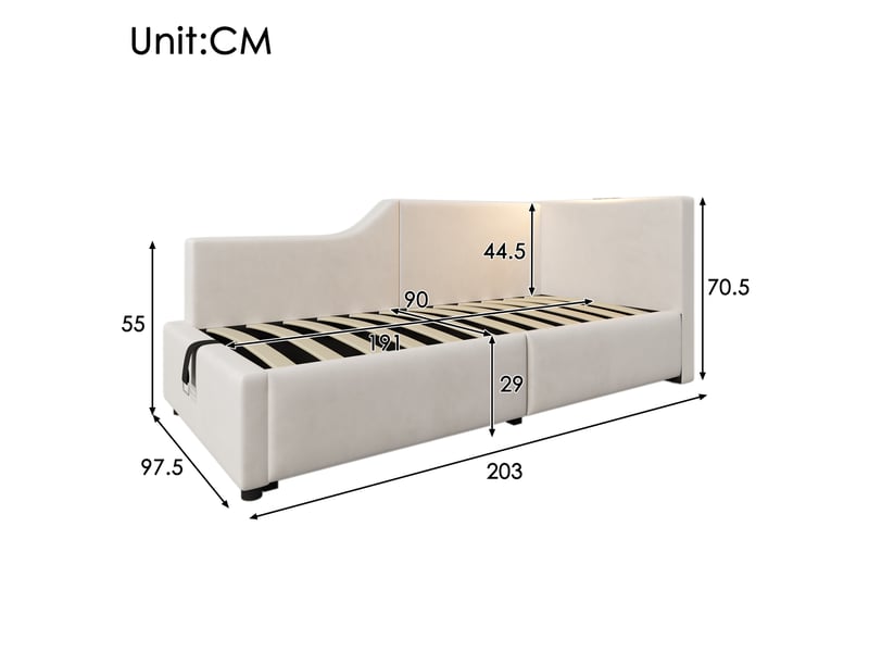 Lit de jour 90x190 cm avec rangement hydraulique, velours beige, liseuse usb-c - Conforama E