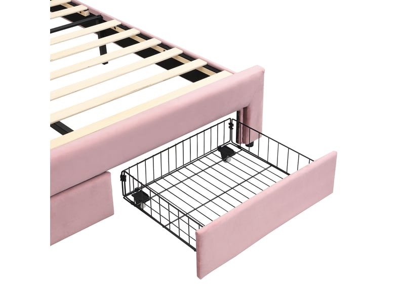  Lit enfant 140x200 cm avec 2 tiroirs et led contrôlée par application, en velours rose, sans matelas  - Conforama R