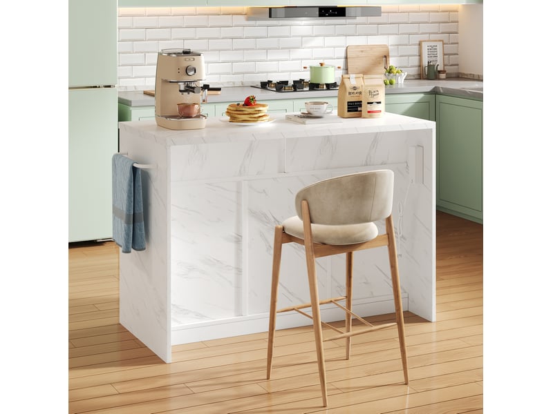  Îlot de cuisine fixe 120 x 60 x 91 cm avec prises usb, rangements, blanc  - Conforama E