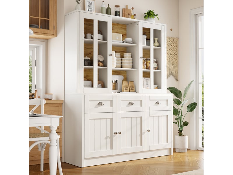  Buffet haut modenvie 140 x 38,5 x 175 cm en mdf et acrylique blanc avec 3 tiroirs et rangements  - Conforama B