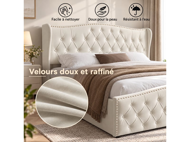  Yyxldynb lit coffre 140x200 cm avec rangememt, lit double rembourré avec sommier à lattes, cadre de lit 2 places avec tête de lit capitonnée, lit adulte, velours beige  - Conforama R