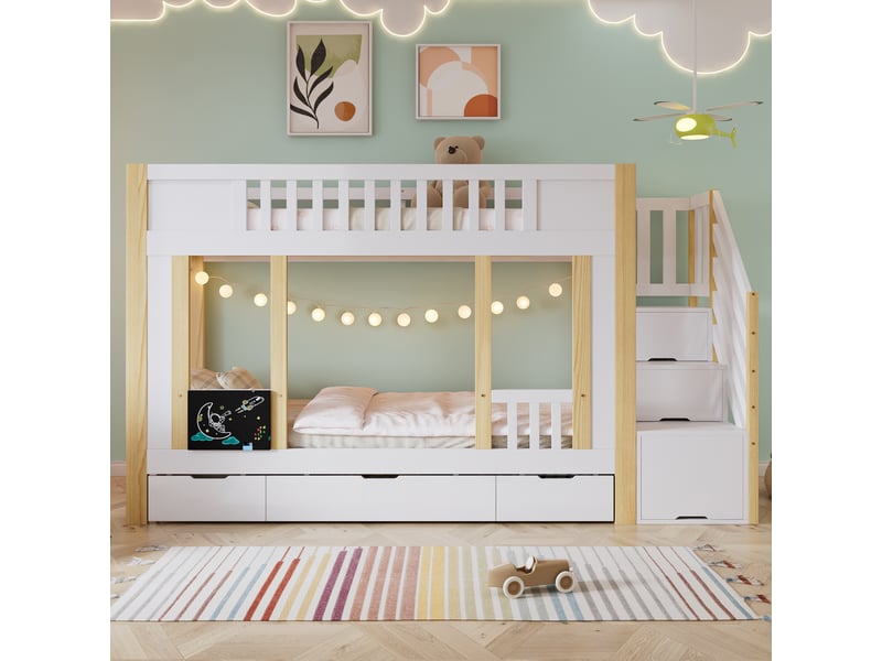 Lit superposé enfant 2 × 90 × 200 cm avec escalier rangement et 3 tiroirs, blancnaturel IKSETERA TRADING LTD - Conforama E