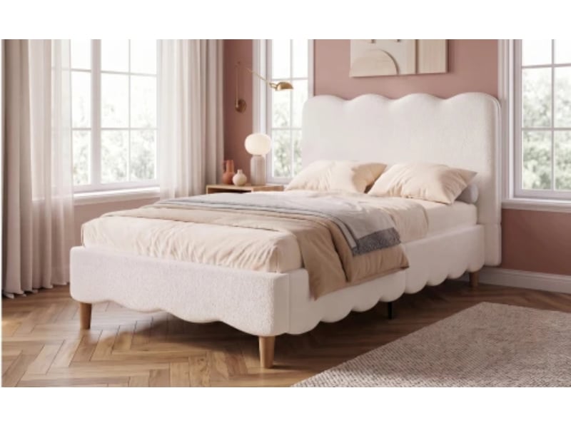 Lit capitonné, 90×200 cm, sommier + tête capitonnée, pieds en bois massif, bouclé, blanc - Conforama B