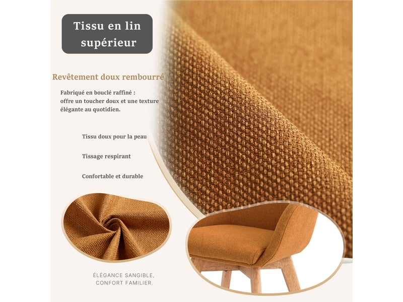  Lot de 6 chaises de salle à manger pivotantes à 360° – tissu effet lin respirant, pieds en bois massif - orange  - Conforama D