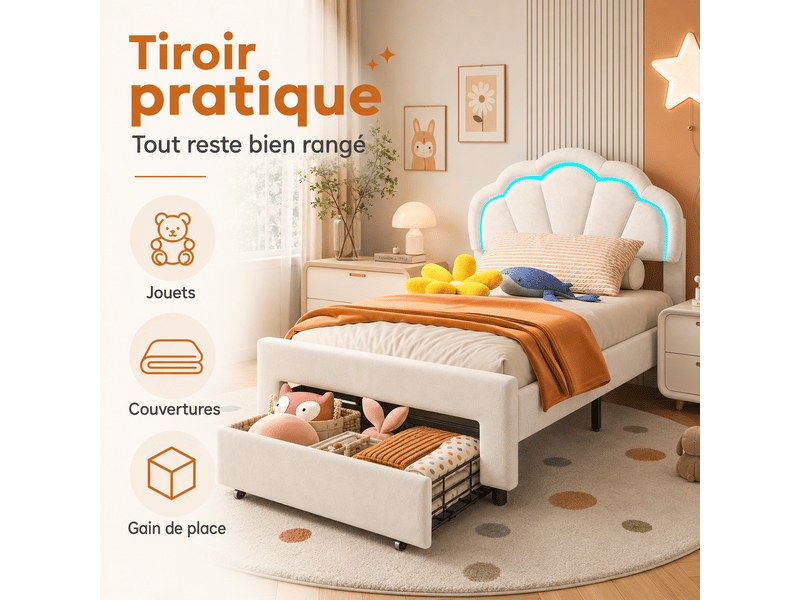  Lit simple capitonné 90x200 cm avec led et tiroirs - lit enfant avec tête de lit réglable en hauteur - sommier à lattes - lit enfant 90x200 cm - lit simple fille avec éclairage led rgb et tiroir - tête de lit réglable - sommier …  - Conforama E