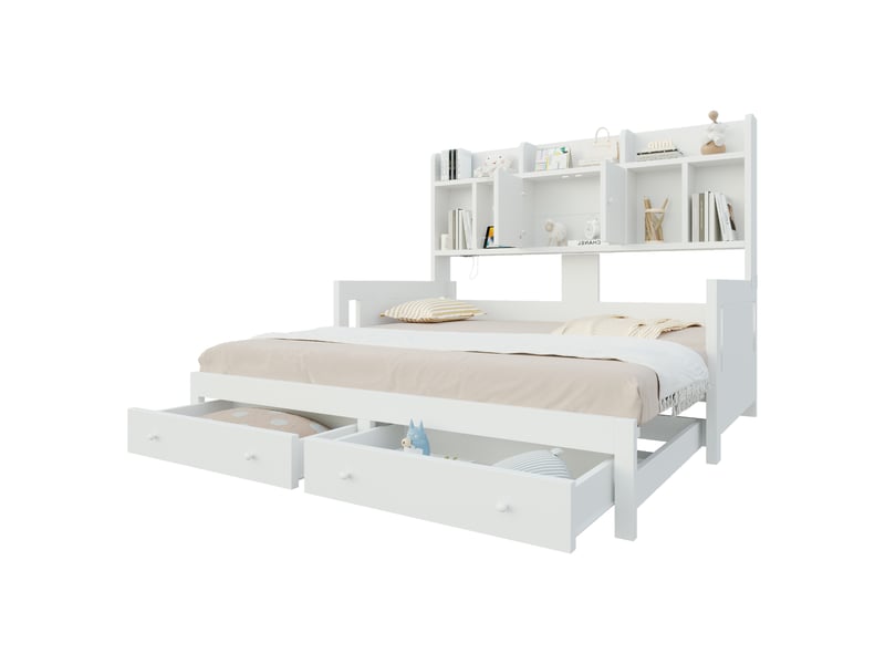  Canapé-lit extensible 90/180x190 cm avec rangements, led et prise, blanc, sans matelas  - Conforama A