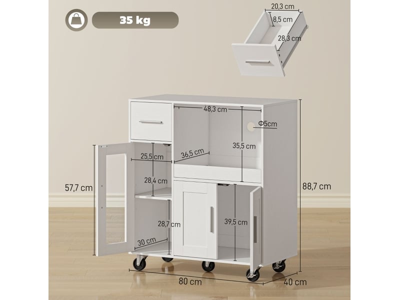  Desserte de cuisine 80 x 40 x 88,7 cm blanche, panneaux de particules et mdf, rangement mobile à roulettes  - Conforama C