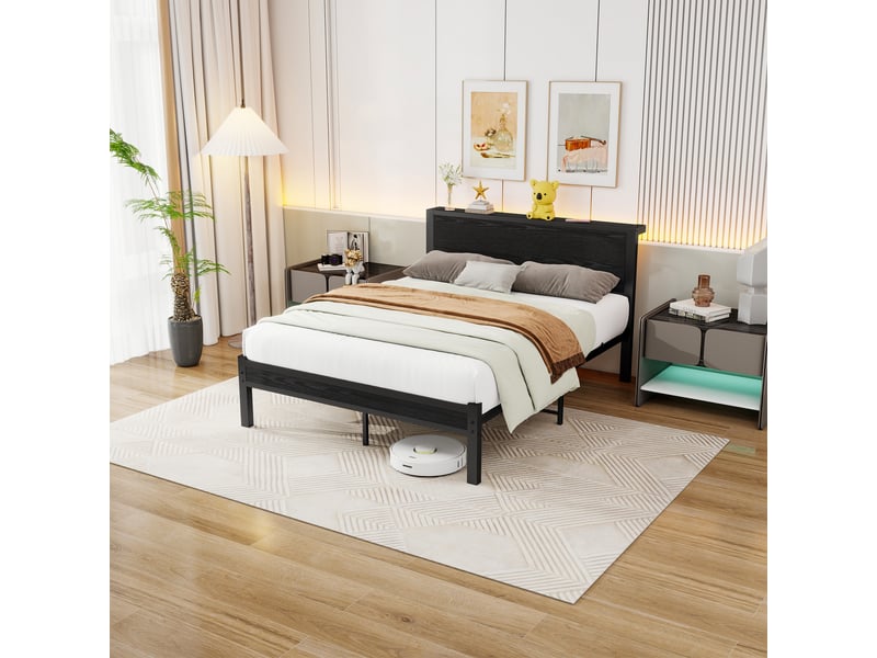 Lit double rembourré 140x200 cm avec tête de lit rangement, cadre de lit adulte avec sommier à lattes métalliques, lit double, noir - Conforama D