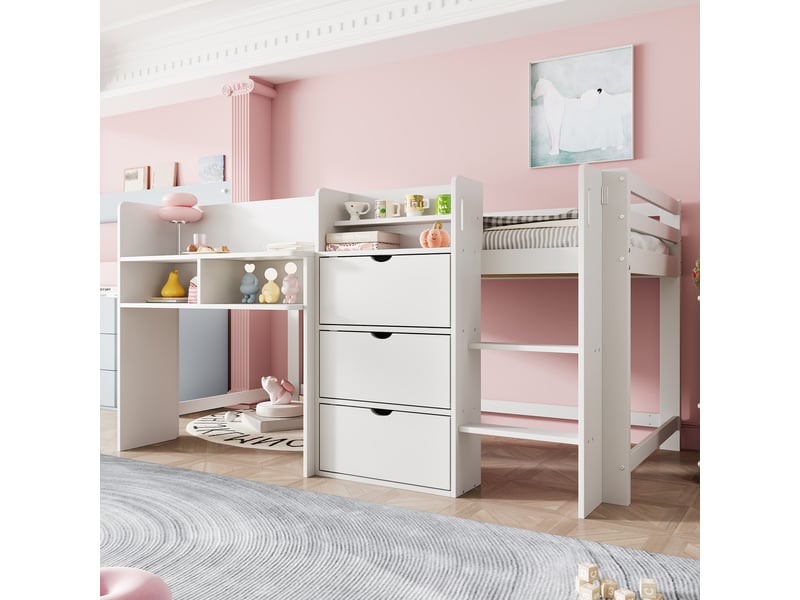  Lit mi-hauteur 90x200 blanc en forme de maison, lit cabane enfant blanc avec rangements intégrés, étagères, 3 tiroirs et échelle  - Conforama D