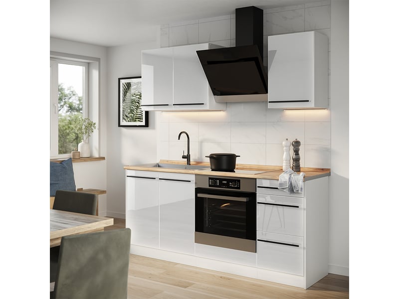 Vicco cuisine, blanc haute brillanceblanc, 180cm plan de travail chêne doré  - Conforama C