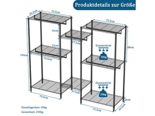 Porte-manteau noir - grand dressing ouvert en métal avec 8 étagères et 5 barres de penderie réglables