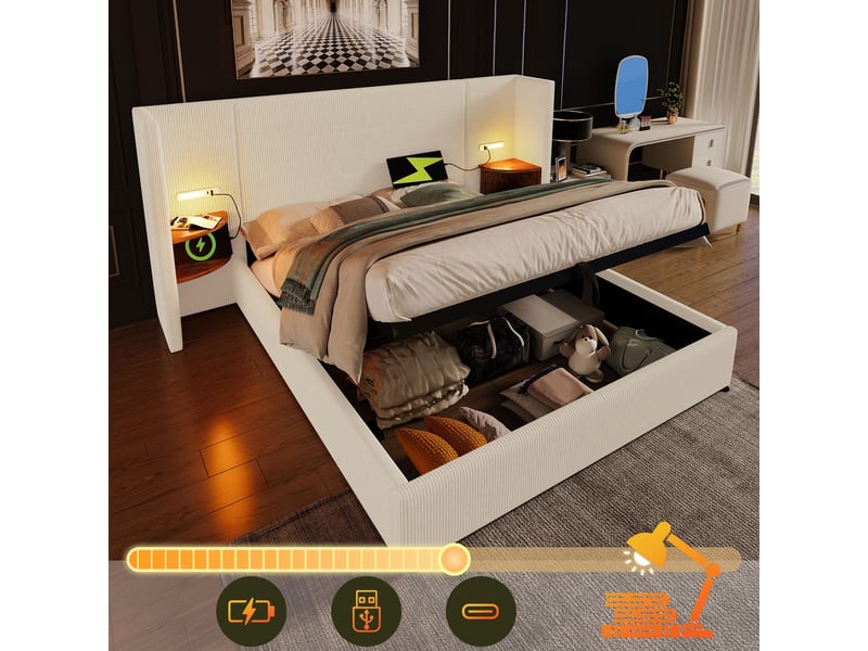  Lit coffre 160x200cm avec table nuit lampe usb-c sommier bois metal beige blanc velours avec matelas  - Conforama D